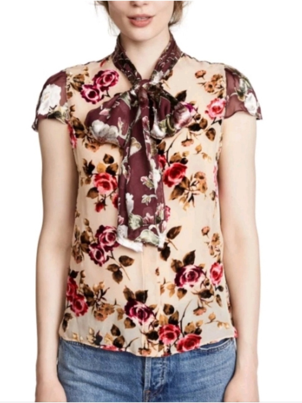 Alice + Olivia Jeannie Silk Blend Bow Collar Floral Blouse S